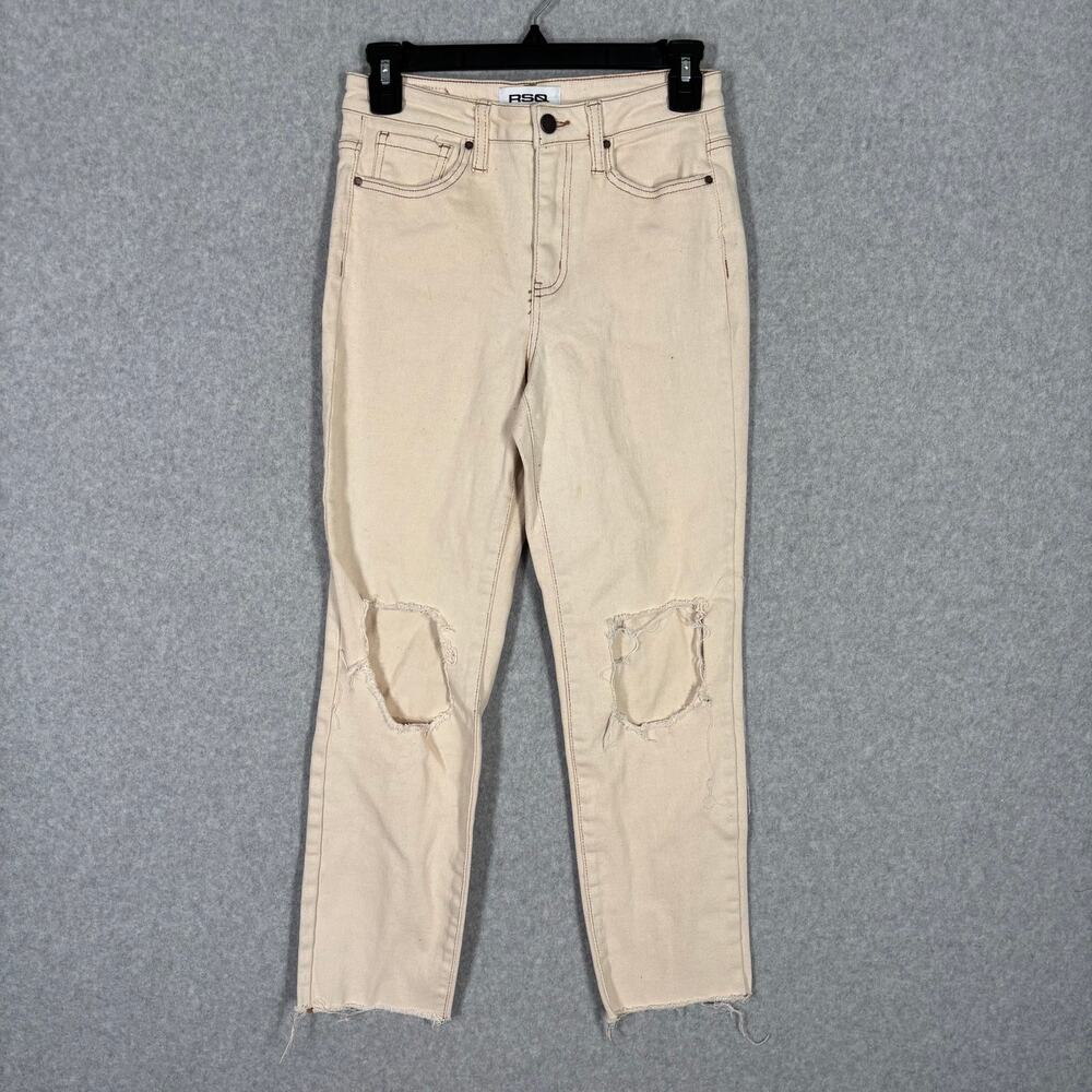 RSQ Jeans 26 Cream Knee Holes Ripped Raw Frayed Crop Ankle Khaki Skater Neutral‎